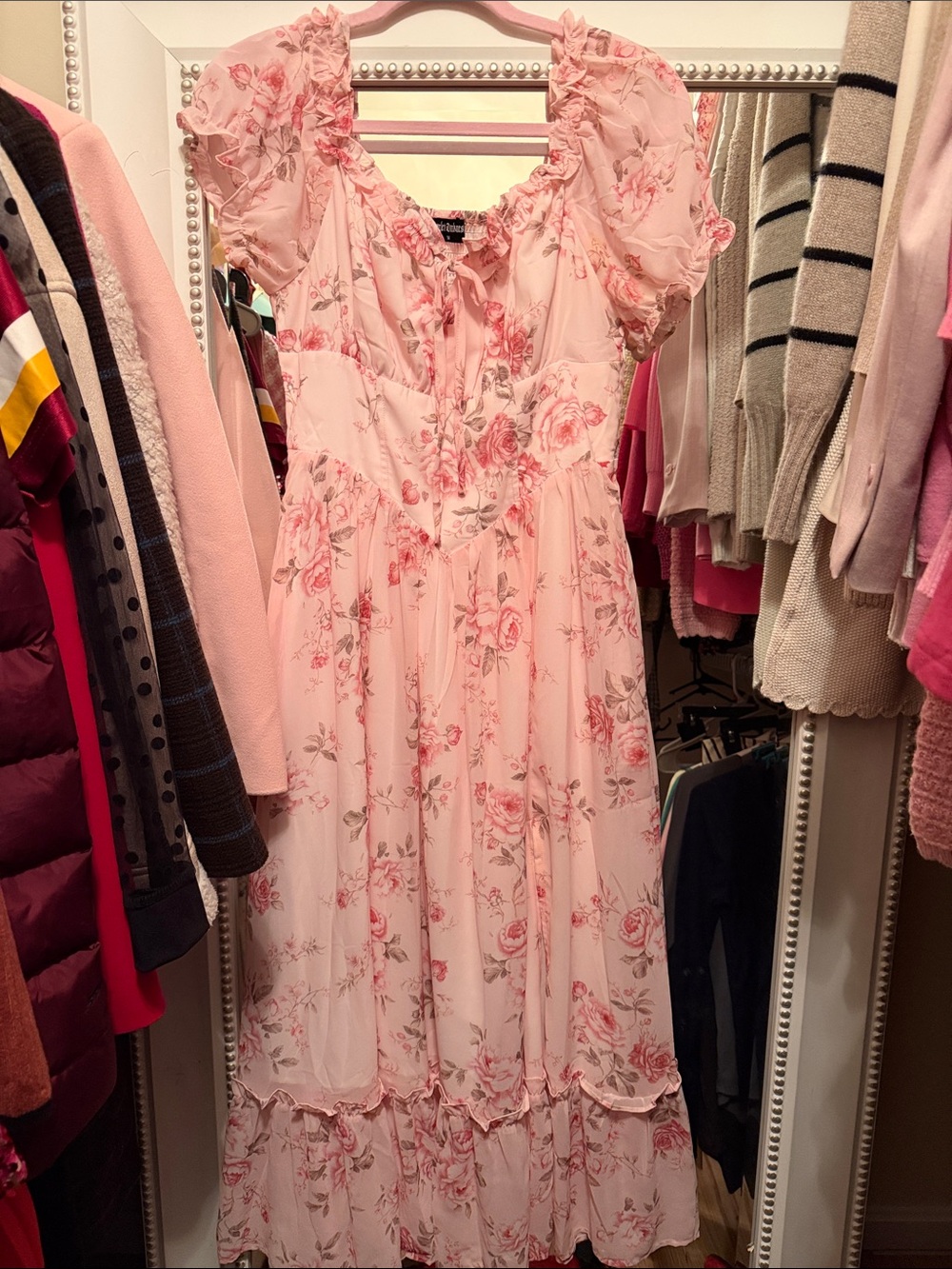 Pink Floral Ruffle Sleeve Dress